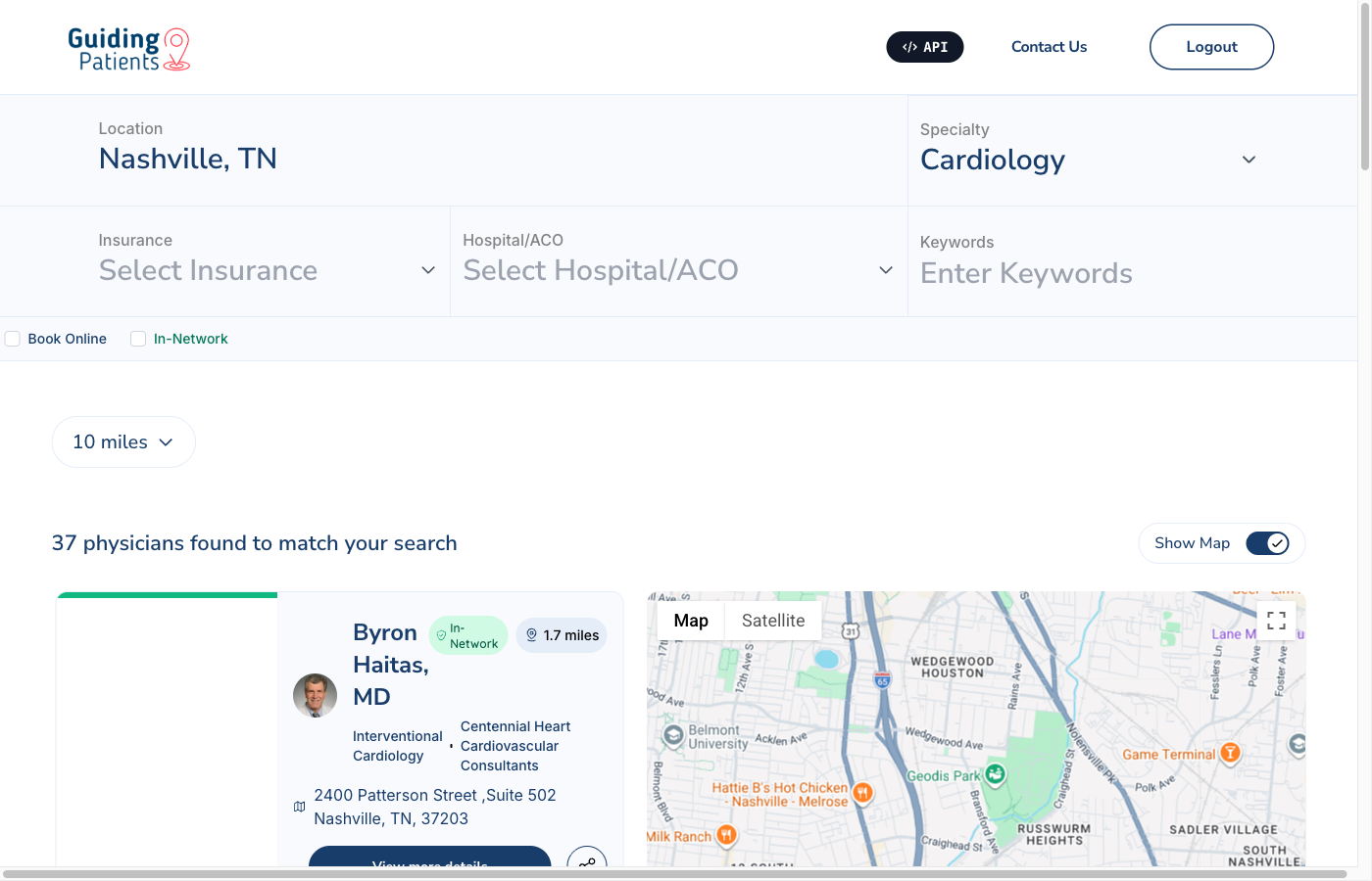 GuidingPatients platform showing physician search with in-network cardiologists near Nashville